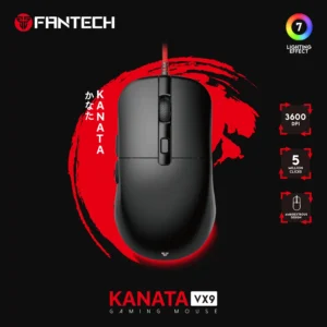 Fantech VX9S Kanata Wired Gaming Mouse, RGB Lighting, 60 IPS Speed, 20G Acceleration, A725F Chipset, Adjustable 400-7200 DPI, Huano 10 Million Switch, White | VX9S-BLACK
