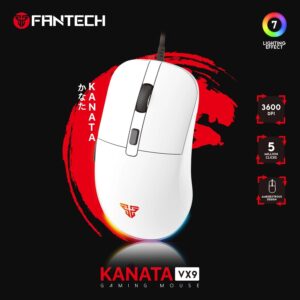 Fantech VX9S Kanata Wired Gaming Mouse, RGB Lighting, 60 IPS Speed, 20G Acceleration, A725F Chipset, Adjustable 400-7200 DPI, Huano 10 Million Switch, White | VX9S-White