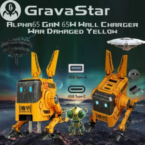 GravaStar Alpha65 GaN 65W Wall Charger Robot – 3 USB Ports , Dual USB-C PD & USB-A, Mecha Protection, Foldable Design, 110V-240V Input, US/EU/UK Plugs, for iPhone, MacBook, iPad, Galaxy S23/S24, Steam Deck | War Damaged Yellow