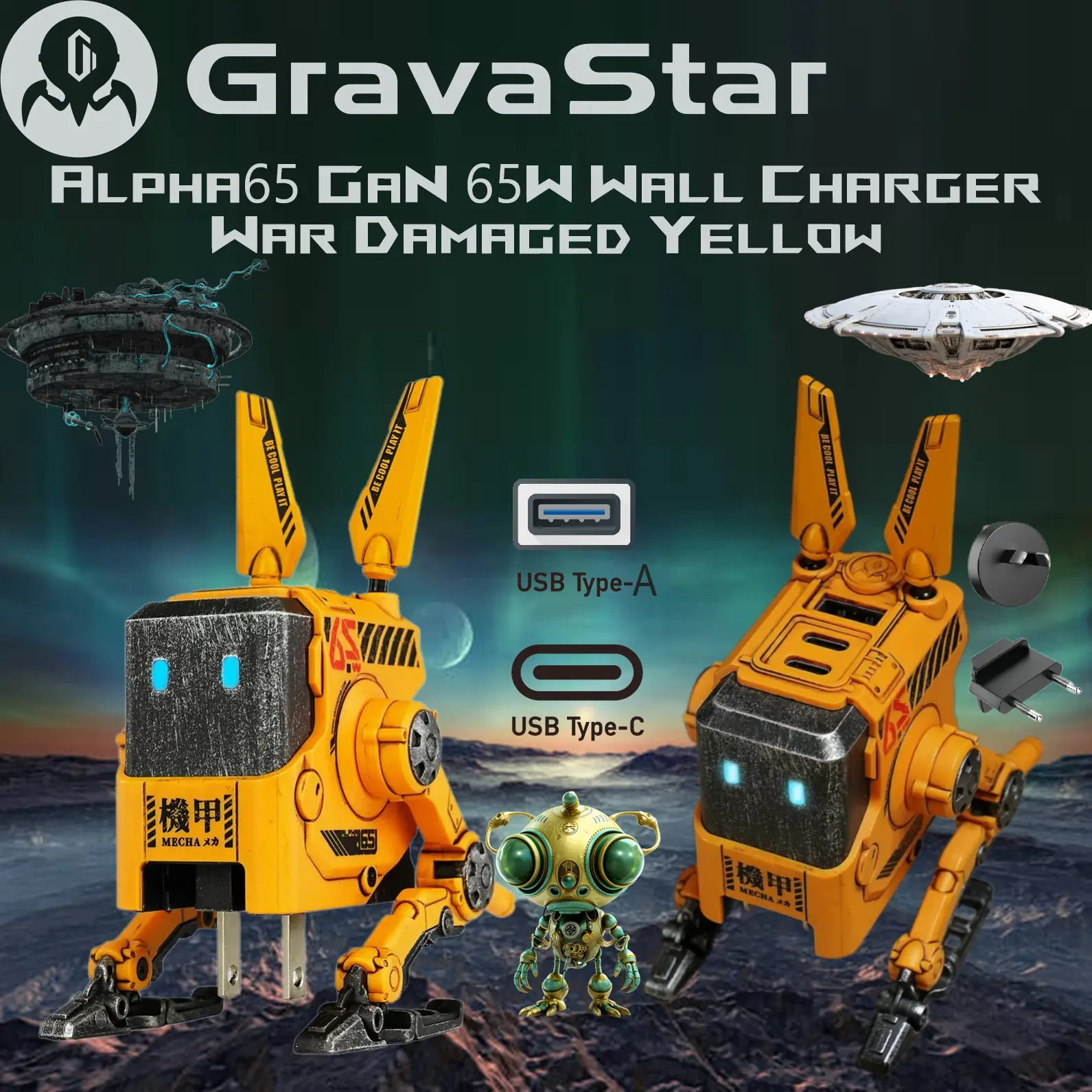 GravaStar Alpha65 GaN 65W Wall Charger Robot – 3 USB Ports , Dual USB-C PD & USB-A, Mecha Protection, Foldable Design, 110V-240V Input, US/EU/UK Plugs, for iPhone, MacBook, iPad, Galaxy S23/S24, Steam Deck | War Damaged Yellow