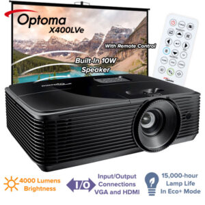 Optoma X400LVe XGA 4000 Lumens Projector – High Brightness, 25,000:1 Contrast, Full 3D, HDMI/VGA/USB Connectivity, 10W Speaker, 15,000h Lamp Life, Eco+ Energy Efficient
