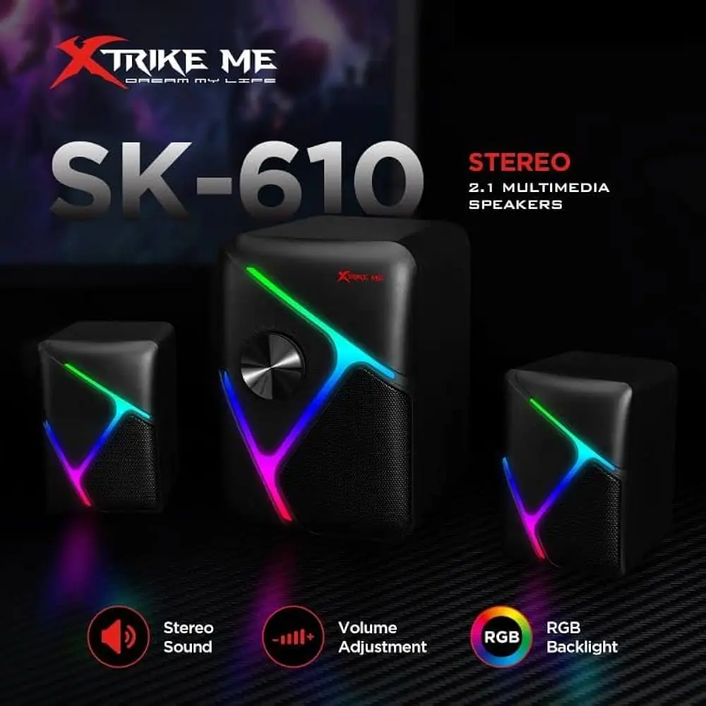 XTRIKE ME SK-610 2.1 RGB Speaker System – 5W+3Wx2 Output, 150Hz-20KHz Frequency, USB Powered, Colorful Lighting Effects, Volume Control, Deep Bass & Clear Treble