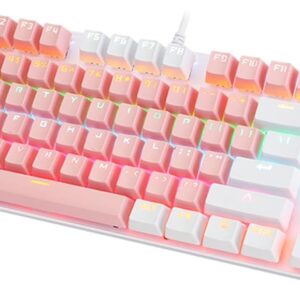 XUNFOX K80 Mechanical Gaming Keyboard, Blue Switch Mechanical Keyboard Wired with 87 RGB Backlit Keys for Gaming PINK & WHITE