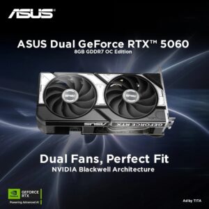 ASUS Dual OC GeForce RTX 5060 8GB GDDR7 Graphics Card – PCIe 5.0, Axial-Tech Dual Fans, Dual BIOS, 2.5-Slot Compact Design, DLSS 4, Reflex 2, Ray Tracing, 4× 8K Display Support