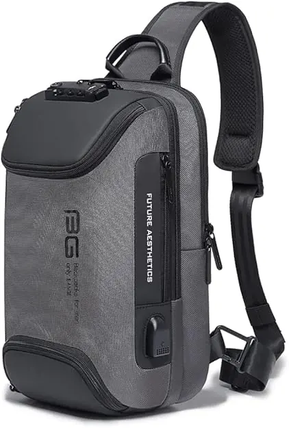 EZ EXP033 SLING BAG: Lightweight Polyester, Anti-Theft Lock, USB Port, Adjustable Strap, Hidden Pockets, Fits 9.7” iPad – Perfect for Travel, Outdoor & Urban Use | GREY-BLACK