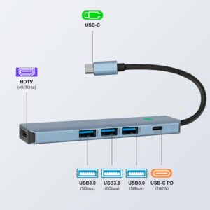 One-Touch Screen Off USB 3.0 C Hub , 5 in 1 , Multiport Adapter to 4K HDMI with 87W Output PD Fast Charging & Data Transfer Type C Port USB 3.0 Splitter Docking Station