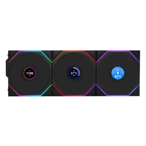 Lian Li UNI Fan TL LCD 120 Wireless – Triple Pack – 2.4 GHz Wireless Controller Included – Daisy Chain & Infinity Mirror Design – LCD Display – Controller required. – Black (12TLLCD1W3B)
