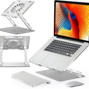 Aluminum Laptop or Tablet Stand with Cooling Fan & 2 USB Ports | Flat Foldable & Portable | Hight Adjustable | Angle Tilt | Silver