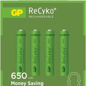 GP ReCyko AAA 650mAh Rechargeable Batteries – 4-Pack, Pre-Charged, Up to 1000 Recharge Cycles, Eco-Friendly NiMH, Long-Lasting Power for Cameras & Electronics