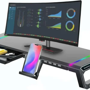 L34 Monitor Stand with 4 USB2.0 Ports, RGB Lighting, Storage Drawer & Phone Holder – Ergonomic Riser for Desktops, Laptops, and Office Devices