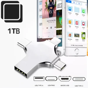 Universal OTG 1TB USB Flash Drive 4 in 1 Memory Stick ; Compatible with iPhone/iPad/Android/PC, High Speed Backup Thumb Drive Memory Stick External Storage Lightning +USB A + Micro B + Type-c ports