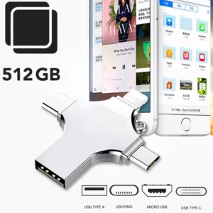 Universal OTG 512GB USB Flash Drive 4 in 1 Memory Stick ; Compatible with iPhone/iPad/Android/PC, High Speed Backup Thumb Drive Memory Stick External Storage Lightning +USB A + Micro B + Type-c ports 