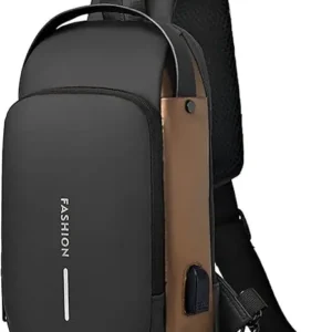 EZ EXP036 SLING BAG: Anti-Theft Lock, USB Port, Multi-Zone Storage, Reflective Safety Design, Water-Resistant Oxford Fabric – For Travel, Office, and Outdoor Use | GOLD-BLACK