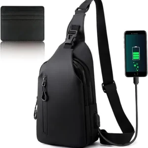 EZ EXP034 SLING BAG: Waterproof Crossbody Daypack with USB Port, Slim Wallet Pocket, Unisex, Multi-Use for Travel, Cycling, Work | BLACK