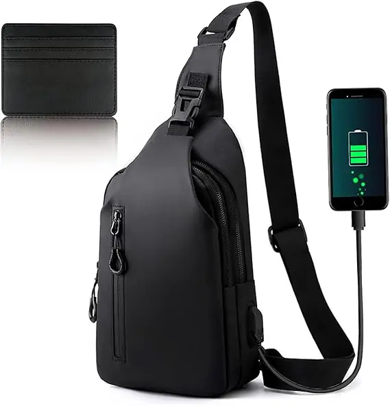 EZ EXP034 SLING BAG: Waterproof Crossbody Daypack with USB Port, Slim Wallet Pocket, Unisex, Multi-Use for Travel, Cycling, Work | BLACK