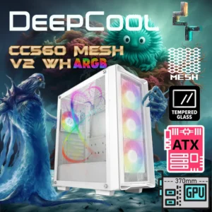 DeepCool CC560 Mesh V2 WH ATX Mid-Tower Case With 4 ARGB Fans, Tempered Glass Panel, Fine Mesh Front, Dual 120mm Fan Mounts on PSU Shroud , 360mm Radiator Support, GPU Up To 370mm, Dual USB 3.0 | WHITE