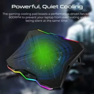 A3 Laptop Cooler – 1 Large 180mm Adjustable Fan, RGB, 400×300×26mm, Metal Mesh, Dual USB 2.0, 800 RPM, 63 CFM Airflow, ABS+Metal Construction