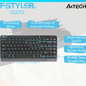 A4Tech FBK11 Wireless Keyboard – Bluetooth & 2.4G Wireless – Pair up to 4 Devices – Multimedia Hot Keys Access – Spill Proof – Portable – Dark Grey
