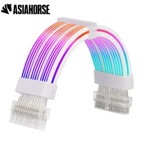 ASIAHORSE 24-Pin ARGB Extension Cable White – 18AWG Sleeved, Dual LED Module, 60 Addressable LEDs, 5V 3-Pin A-RGB, 260mm Length, ATX PSU Cable for AURA Sync