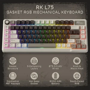 ROYAL KLUDGE RK L75 73-Key Tri-Mode Mechanical Keyboard With Cream Switches, RGB, Gasket Mount, Touchable Nameplate, Macro Keys, Volume Knob, Hot-Swappable, 8000mAh