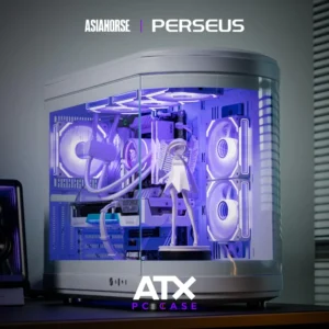 ASIAHORSE Perseus Mid Tower ATX Case – Dual-Chamber Design, Panoramic Curved Glass, Type-C I/O, 360mm Water Cooling Support, 9 Fan Slots, Robust SPCC Steel Frame, White