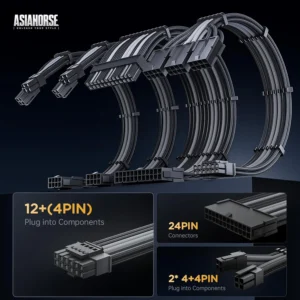 ASIAHORSE 16AWG PCIe 5.0 4KIT to 3-End 180° GPU Extension Cable – 300mm, Alloy Copper Gold-Plated Terminals, Compatible with RTX 3090Ti, 40 & 50 Series, Black Grey