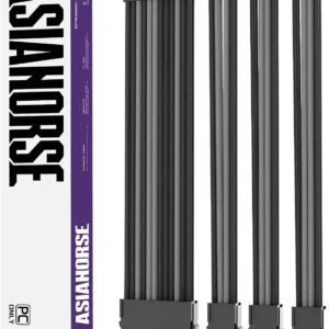 ASIAHORSE 18AWG Black-Grey PSU Cable Extension Kit – 4 Pack (24-Pin ATX, 4+4 Pin EPS, 2x PCI-E 6+2) Braided Sleeved, Soft Nylon, Cable Combs, Universal Compatibility