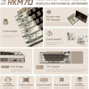 ROYAL KLUDGE RK M70 73-Key Tri-Mode Mechanical Keyboard With Cream Linear Switches, RGB Backlight, Macro Keys, Display, Volume Knob, Hot-Swappable, 6000mAh Battery