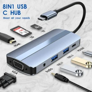 BYL 8-in-1 USB-C Hub With 4K HDMI, 1080P VGA, PD 100W Fast Charging, USB 3.0 (5Gbps), SD/TF Card Reader & 3.5mm AUX Audio Output