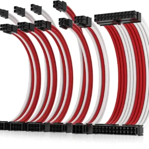 AsiaHorse 16AWG 6KIT DOUBLE Red-White Sleeved PSU Cable Extension Kit – 24-Pin ATX, Dual 4+4 CPU EPS, 3x PCI-E 6+2, Gold-Plated Terminals, 300mm, High-Density PET Braided