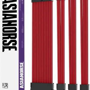 ASIAHORSE 18AWG Red PSU Cable Extension Kit – 4 Pack (24-Pin ATX, 4+4 Pin EPS, 2x PCI-E 6+2) Braided Sleeved, Soft Nylon, Cable Combs, Universal Compatibility