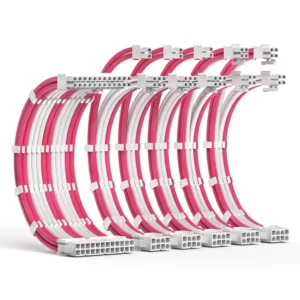 AsiaHorse 16AWG 6KIT DOUBLE White-Pink Sleeved PSU Cable Extension Kit – 24-Pin ATX, Dual 4+4 CPU EPS, 3x PCI-E 6+2, Gold-Plated Terminals, 300mm, High-Density PET Braided