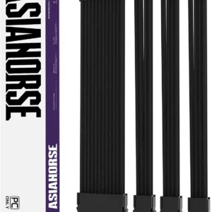 ASIAHORSE 18AWG Black PSU Cable Extension Kit – 4 Pack (24-Pin ATX, 4+4 Pin EPS, 2x PCI-E 6+2) Braided Sleeved, Soft Nylon, Cable Combs, Universal Compatibility