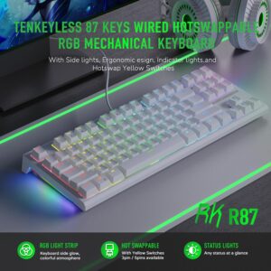 RK ROYAL KLUDGE R87 TKL Mechanical Wired Keyboard, 75% Layout Hot Swappable Wired Gaming Keyboard Software Macro Compact RGB Backlit PC Game Keyboards 87 Keys for Win Mac, Blue Switch | WHITE
