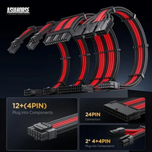 ASIAHORSE 16AWG PCIe 5.0 4KIT to 3-End 180° GPU Extension Cable – 300mm, Alloy Copper Gold-Plated Terminals, Compatible with RTX 3090Ti, 40 & 50 Series, Black Red
