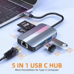BYL 5-in-1 USB-C Hub With RJ45 Ethernet, USB 3.0 5Gbps, USB 2.0, SD/TF Card Reader, Plug & Play, Compact & Portable For MacBook & Type-C Laptops