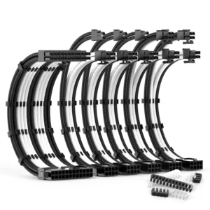 AsiaHorse 16AWG 6KIT DOUBLE Black-White Sleeved PSU Cable Extension Kit – 24-Pin ATX, Dual 4+4 CPU EPS, 3x PCI-E 6+2, Gold-Plated Terminals, 300mm, High-Density PET Braided