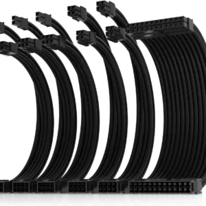 AsiaHorse 16AWG 6KIT DOUBLE Black Sleeved PSU Cable Extension Kit – 24-Pin ATX, Dual 4+4 CPU EPS, 3x PCI-E 6+2, Gold-Plated Terminals, 300mm, High-Density PET Braided