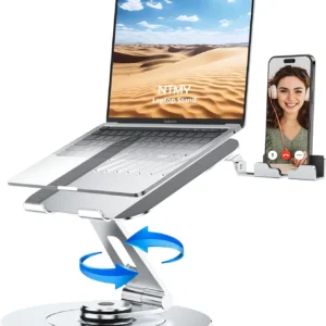 N87 Rotatable Ergonomic Laptop Stand with Phone Holder – Fits 9.7″-17″, 360° Rotation, Foldable, Heat Dissipation, Heavy-Duty Base, Silver