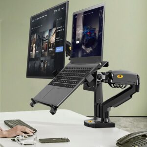 Laptop Mount with Adjustable Tray for 10-17” Notebook, Full Motion Arm with VESA Plate for 17-30” Monitor, Clamp-on Grommet Mounting 