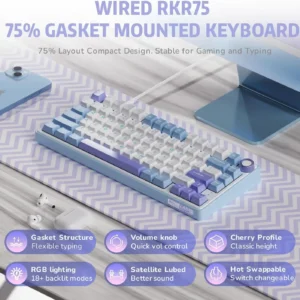 ROYAL KLUDGE RKR75 Wired 81-Key Mechanical Keyboard With Blue Switches, Skycyan RGB, 75% Layout, Volume Knob, Hot-Swappable Keys, Gasket Mount, PBT Keycaps