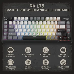 ROYAL KLUDGE RK L75 73-Key Tri-Mode Mechanical Keyboard With Cream Switches, Knight Black RGB, Gasket Mount, Touchable Nameplate, Macro Keys, Volume Knob, 8000mAh
