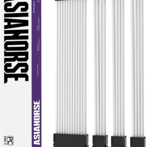 ASIAHORSE 18AWG White PSU Cable Extension Kit – 4 Pack (24-Pin ATX, 4+4 Pin EPS, 2x PCI-E 6+2) Braided Sleeved, Soft Nylon, Cable Combs, Universal Compatibility