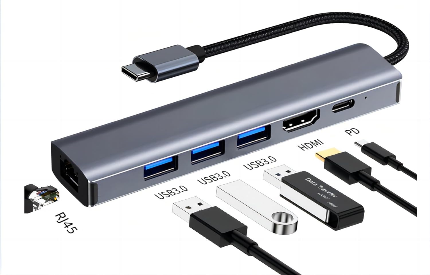 USB C HUB, 6-in-1 USB C Adapter Docking Station with 4K 30HZ 1080P HDMI,100W PD,USB3.0 * 3,RJ45 Ethernet,Compatible with MacBook Pro/Air, Other Type C Laptops Devices.