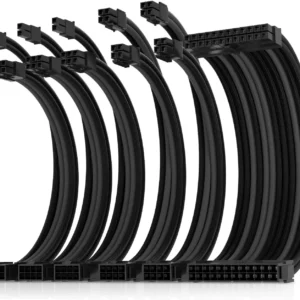AsiaHorse 16AWG 6KIT DOUBLE NEW-6KIT- BLACK-GREY Sleeved PSU Cable Extension Kit – 24-Pin ATX, Dual 4+4 CPU EPS, 3x PCI-E 6+2, Gold-Plated Terminals, 300mm, High-Density PET Braided