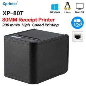Xprinter  XP-80T POS Thermal Receipt Printer, 80mm , Auto Cutter, Cash Drawer Connection Port, USB / USB+Lan Interface, Support Windows/Mac/Linux, Restaurant Kitchen Printer for ESC/POS – With 1 roll Paper