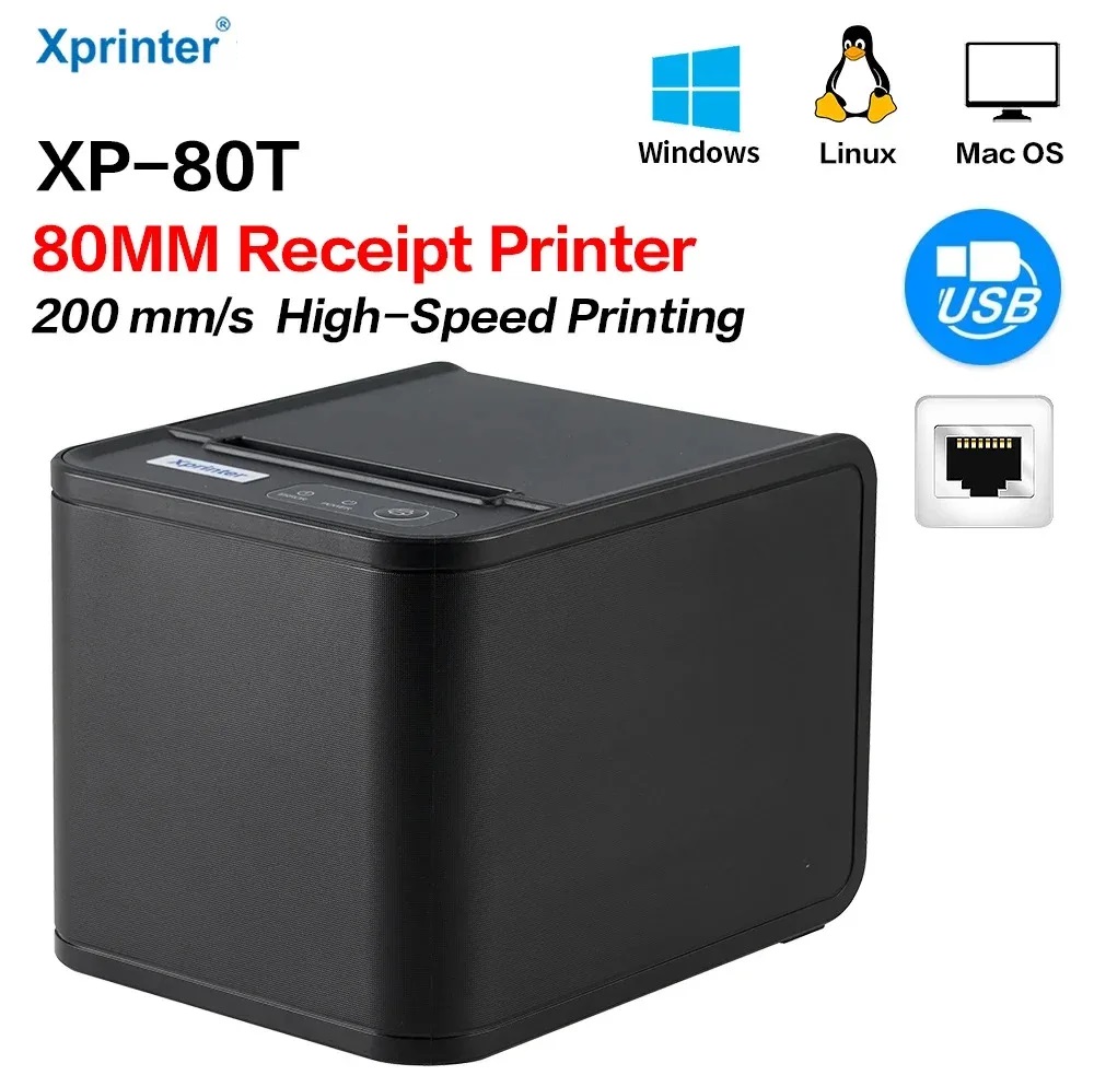 Xprinter XP-80T POS Thermal Receipt Printer, 80mm , Auto Cutter, Cash Drawer Connection Port, USB / USB+Lan Interface, Support Windows/Mac/Linux, Restaurant Kitchen Printer for ESC/POS – With 1 roll Paper