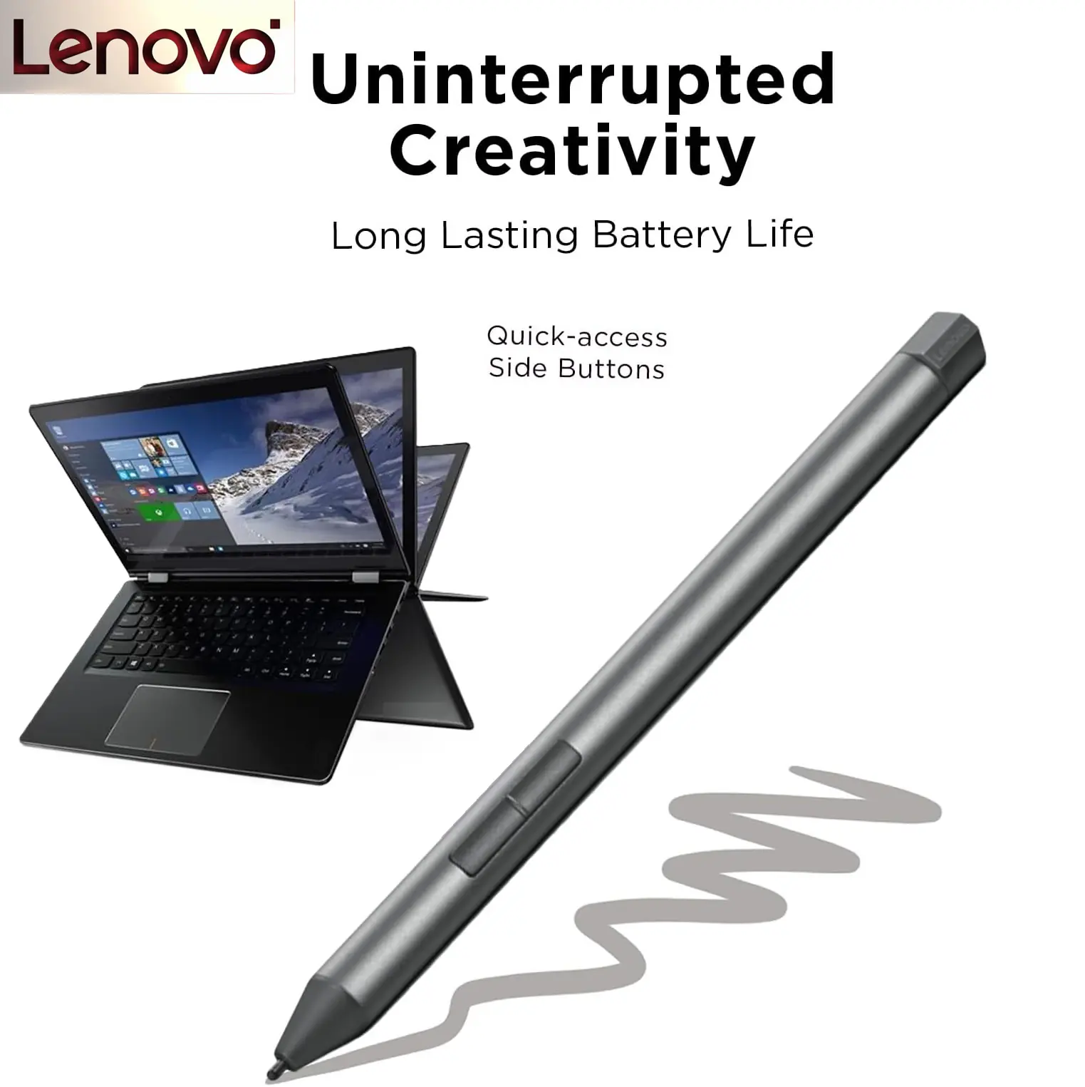 Lenovo Digital Pen – Ultra-Tactile Response – 4,096 Levels of Pressure – Natural Feel Elastometer Pen Tip – Extended Battery Life | Silver, Grey