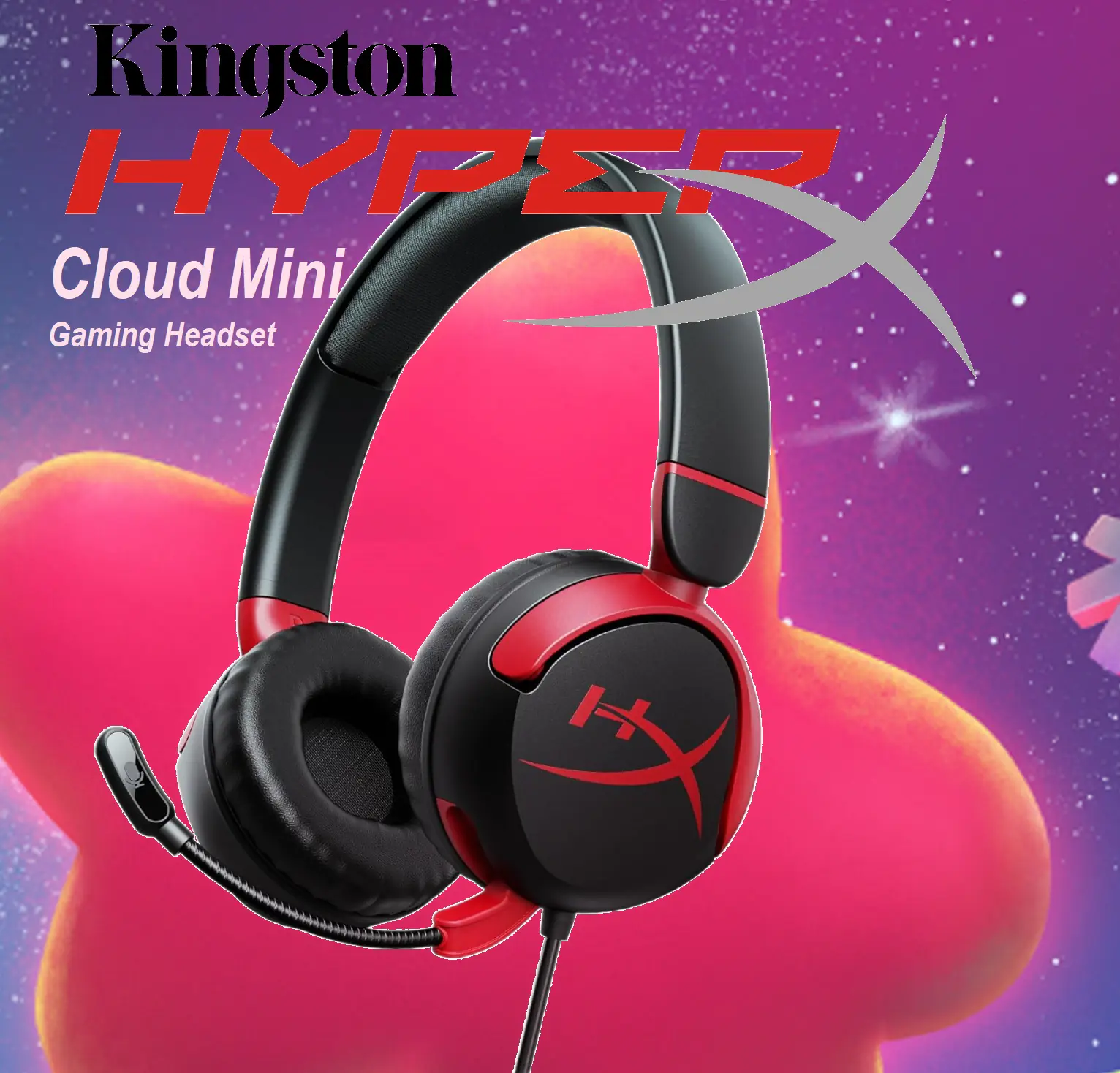 HyperX Cloud Mini Wired Gaming Headset for Kids ; Volume level below 85dB ; Immersive audio ; Durable tuck-away boom microphone ; Lightweight comfort ; Adjustable, rotating earcups ; Multiplatform compatibility | BLACK & RED