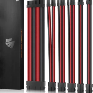 AsiaHorse 18AWG Red-Black Sleeved PSU Extension Cable Kit – 6 Pack, 300mm, PET Braided, Phosphor Copper Terminals, Durable & Flexible Cable Management Solution